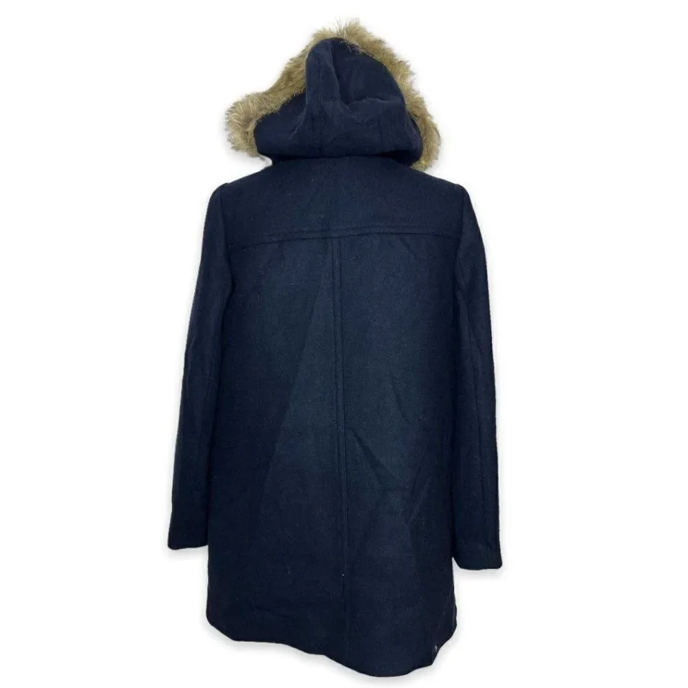 J. Crew Mercantile Faux Fur Hooded Wool Vail Parka Jacket Navy Blue Size 8 - Picture 5 of 9